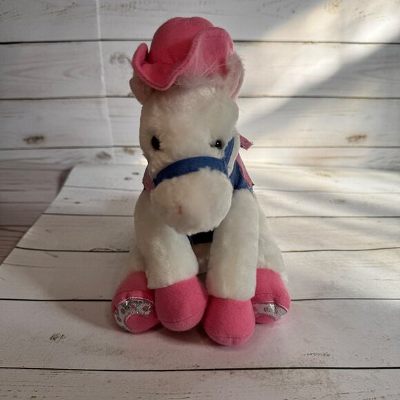 Aurora Cowboy Horse Plush White Pink Hat Bandana Boots Stuffed Animal 8" Toy - Picture 10 of 11